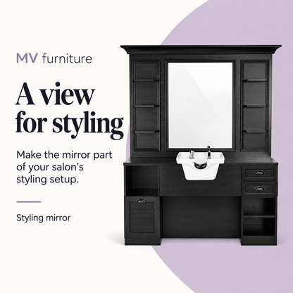 Jules Work Station with Basin - Black — A view for styling. Styling mirror.
