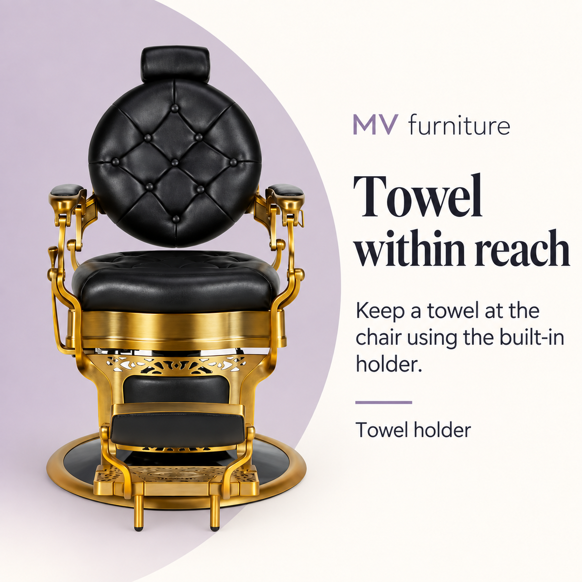 Lusso Barber Chair Black & Gold — Towel within reach. Keep a towel at the chair using the built-in holder.