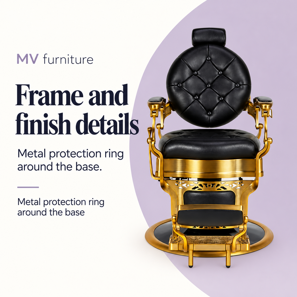 Lusso Barber Chair Black & Gold — Frame and finish details. Metal protection ring around the base.