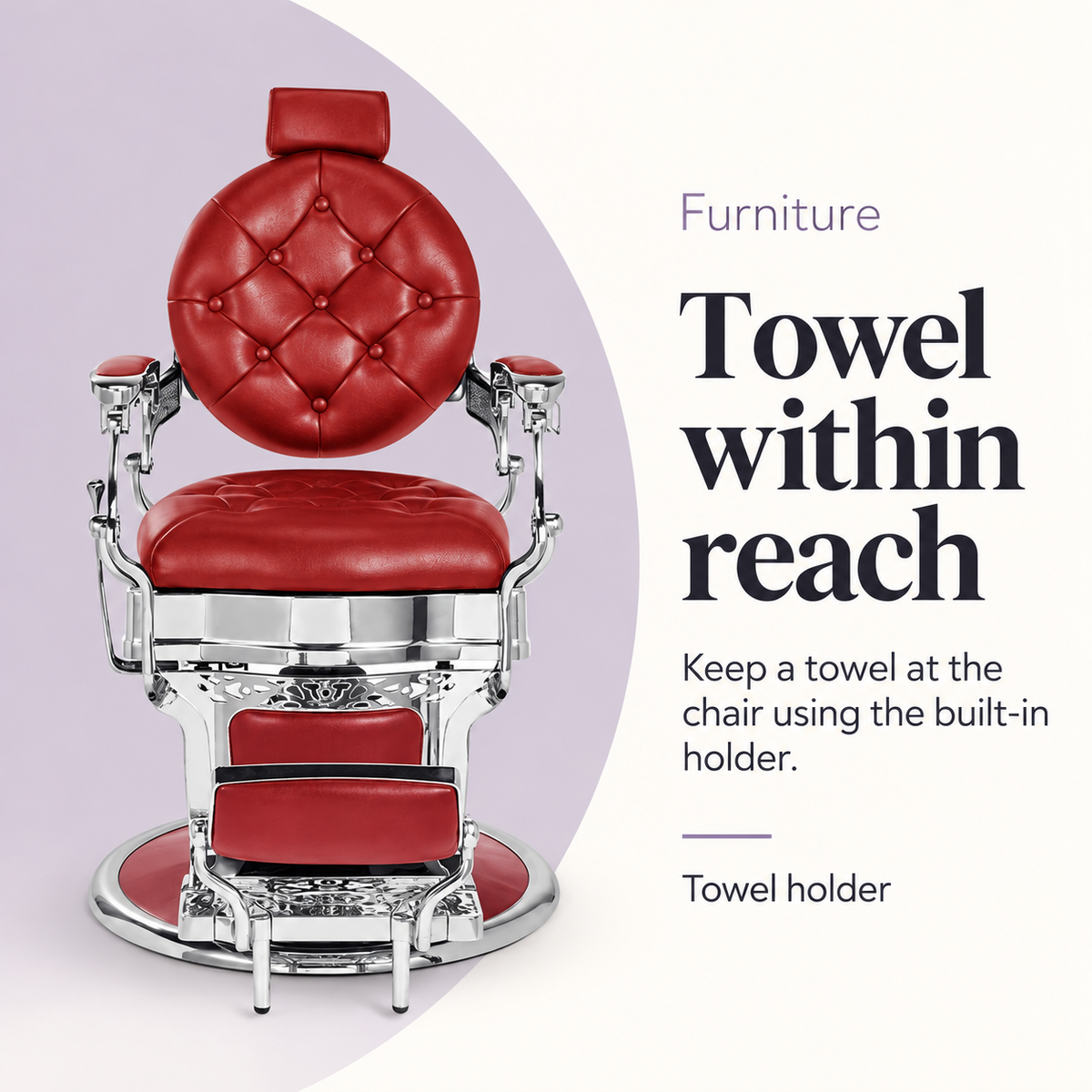 Lusso Barber Chair Red & Chrome — Towel within reach. Towel holder.