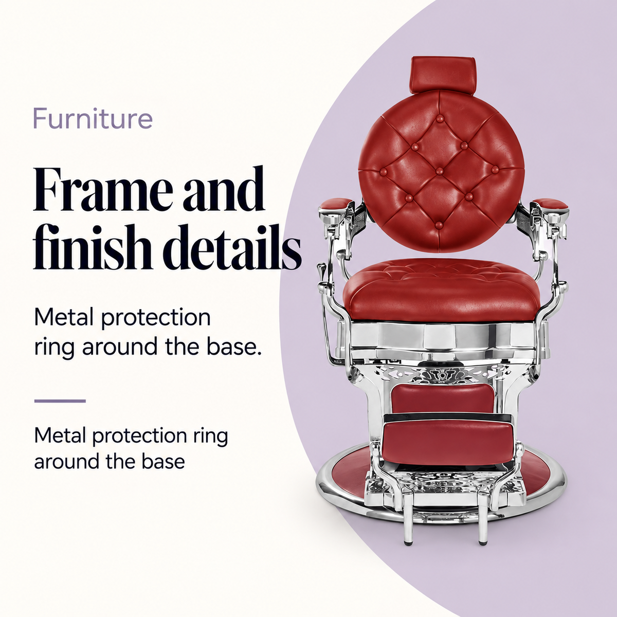 Lusso Barber Chair Red & Chrome — Frame and finish details. Metal protection ring around the base.