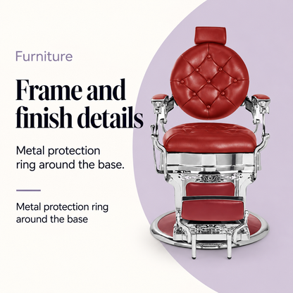 Lusso Barber Chair Red & Chrome — Frame and finish details. Metal protection ring around the base.