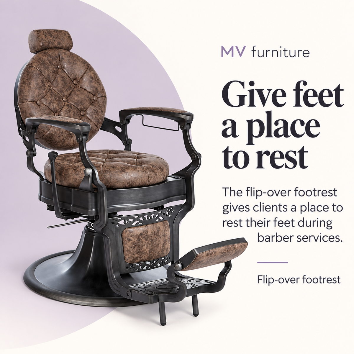 Coppola II Barber Chair Tobacco Brown — Give feet a place to rest. Flip-over footrest.
