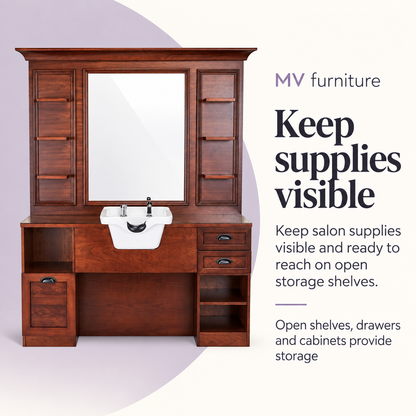 Jules Work Station with Basin - Brown — Keep supplies visible. Open shelves, drawers and cabinets provide storage.