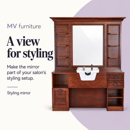 Jules Work Station with Basin - Brown — A view for styling. Styling mirror.