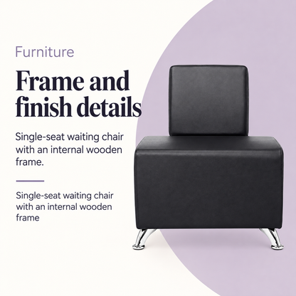 Bob Jay Single Waiting Chair — Frame and finish details. Single-seat waiting chair with an internal wooden frame.