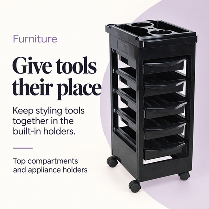Adam Hair Trolley — Give tools their place. Top compartments and appliance holders.