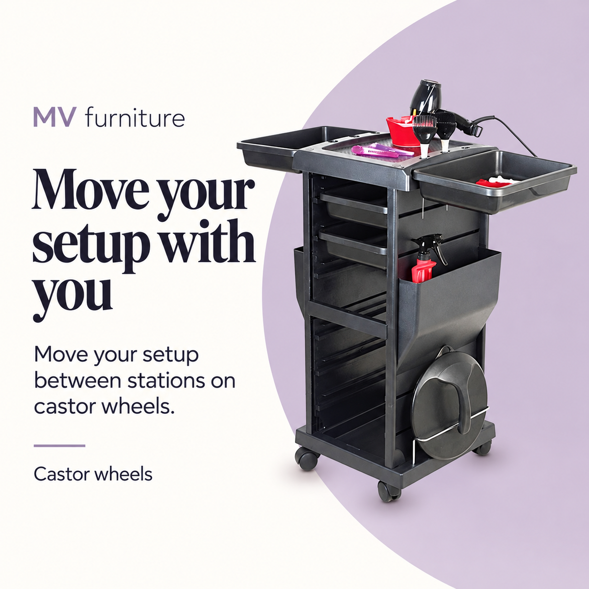 Lenny Hair Trolley — Move your setup with you. Castor wheels.