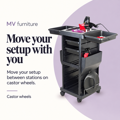 Lenny Hair Trolley — Move your setup with you. Castor wheels.