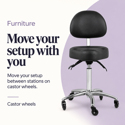 Edd Stool with Back Rest Black — Move your setup with you. Castor wheels.