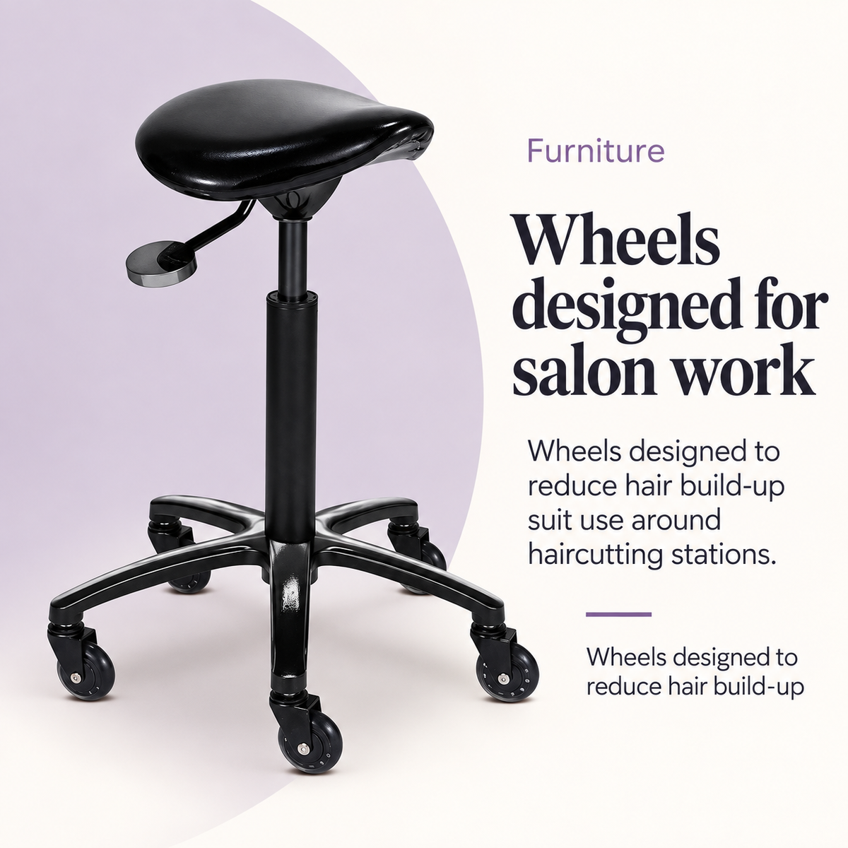Twins Stool Black — Wheels designed for salon work. Wheels designed to reduce hair build-up.