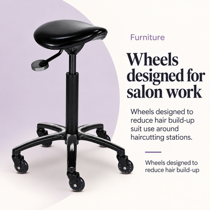 Twins Stool Black — Wheels designed for salon work. Wheels designed to reduce hair build-up.