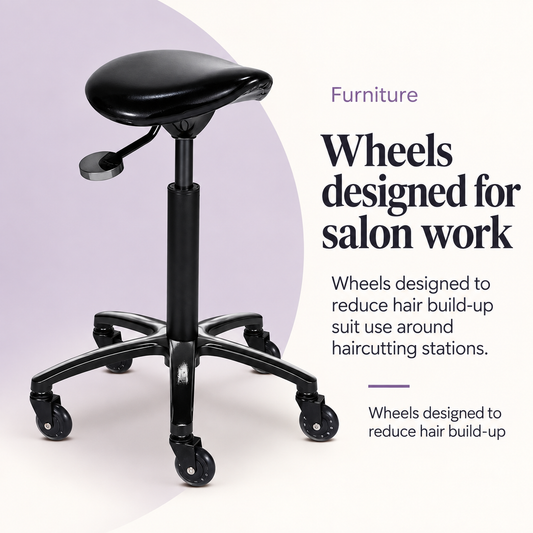 Twins Stool Black — Wheels designed for salon work. Wheels designed to reduce hair build-up.