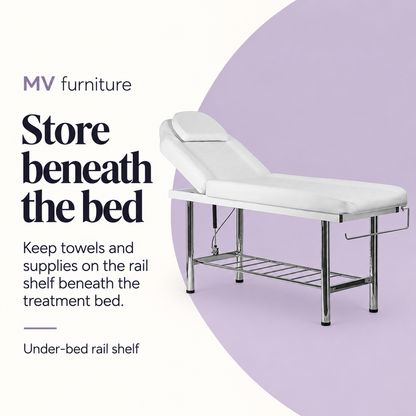 Safina Facial Beauty Bed (White) 8219 — Store beneath the bed. Under-bed rail shelf.