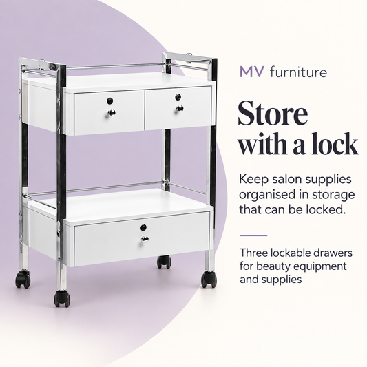 Deluxe Beauty Trolley (White) 6104 — Store with a lock. Keep salon supplies organised in storage that can be locked.
