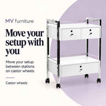 Deluxe Beauty Trolley (White) 6104 — Move your setup with you. Move your setup between stations on castor wheels.