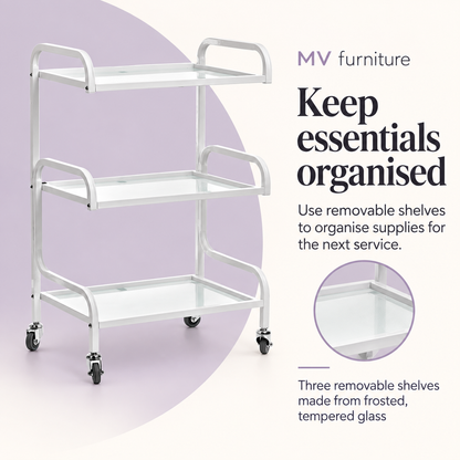 Aeron Beauty Trolley M3029 — Keep essentials organised. Three removable shelves made from frosted, tempered glass.