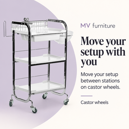 Belle Beauty Trolley M3007A — Move your setup with you. Castor wheels.
