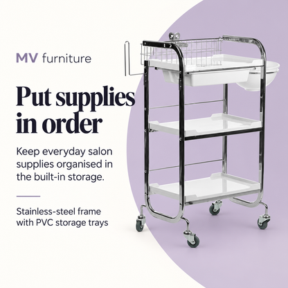 Belle Beauty Trolley M3007A — Put supplies in order. Stainless-steel frame with PVC storage trays.
