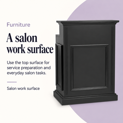 William D Reception Desk Black — A salon work surface. Use the top surface for service preparation and everyday salon tasks.