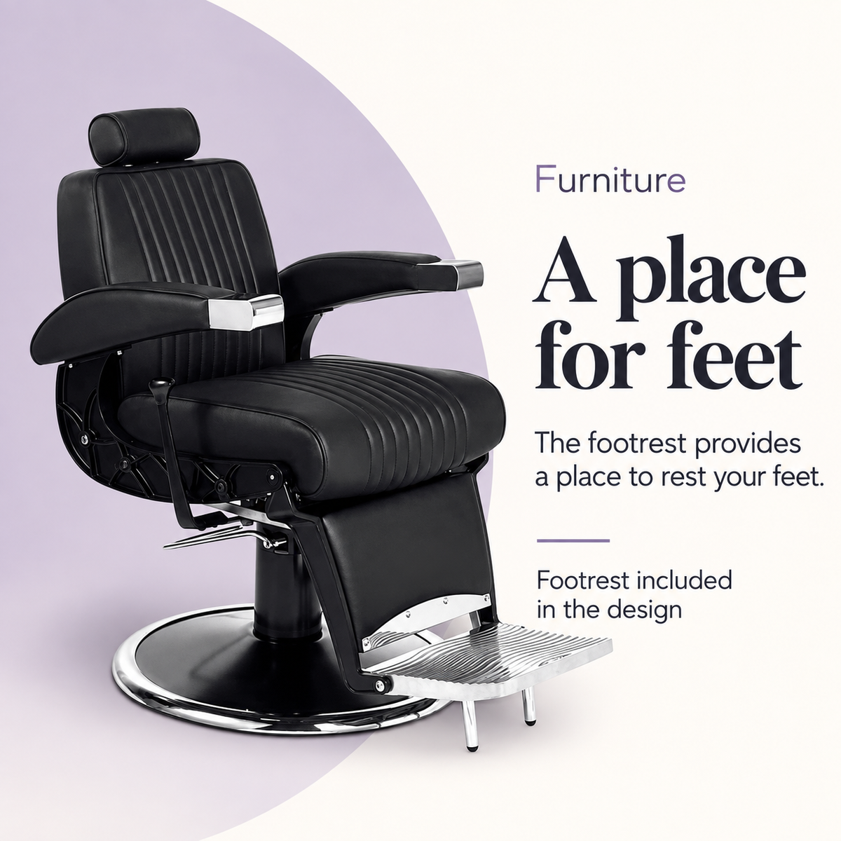 Hogo Barber Chair Black — A place for feet. Footrest included in the design.