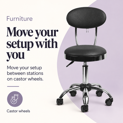 Kade Stool with Back Rest Black YL1011 — Move your setup with you. Castor wheels.