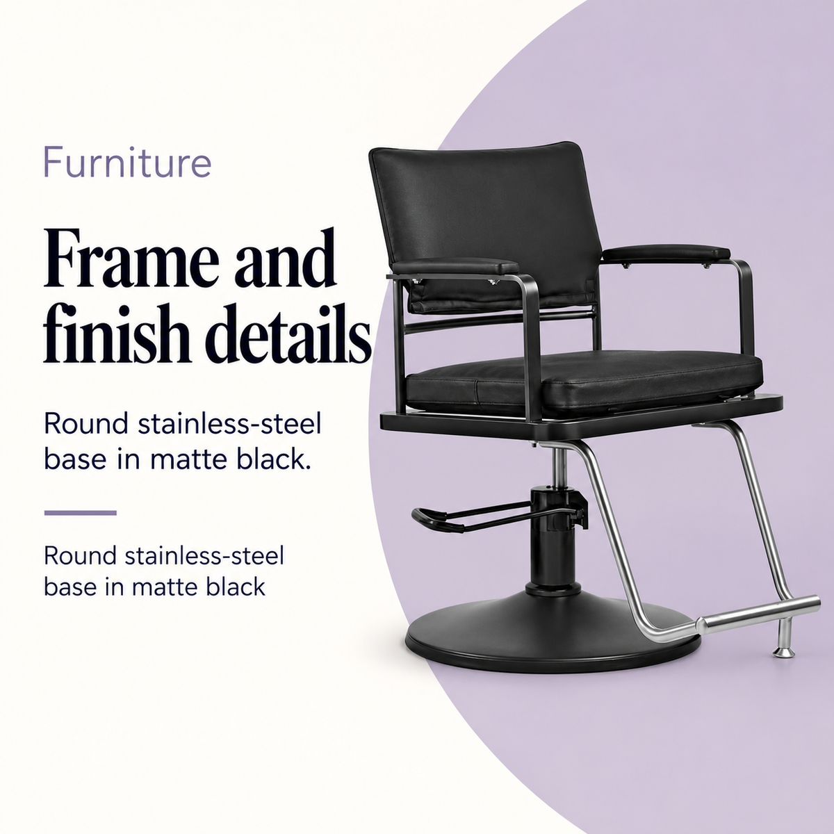 Tyler Salon Chair 008-85 — Frame and finish details. Round stainless-steel base in matte black.
