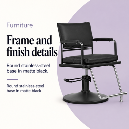 Tyler Salon Chair 008-85 — Frame and finish details. Round stainless-steel base in matte black.