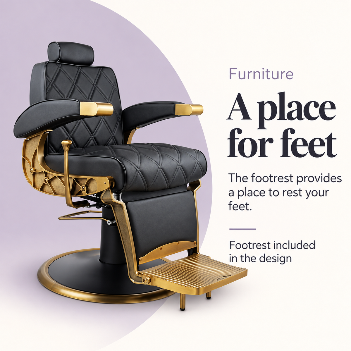 Hogo Barber Chair Matte Gold Frame — A place for feet. Footrest included in the design.