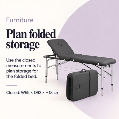 Joliet Foldable Portable Massage Beauty Bed PB-HZ3382 Black — Plan folded storage. Closed: W65 × D92 × H18 cm.