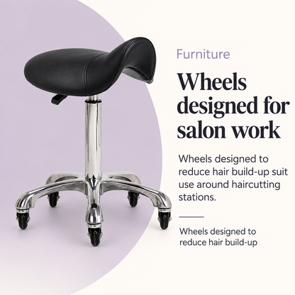 Ian Saddle Middle Stool Black — Wheels designed for salon work. Wheels designed to reduce hair build-up.
