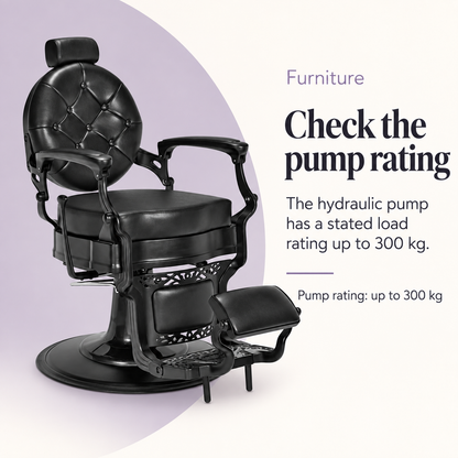 Check Barber Chair — Check the pump rating. The hydraulic pump has a stated load rating up to 300 kg.