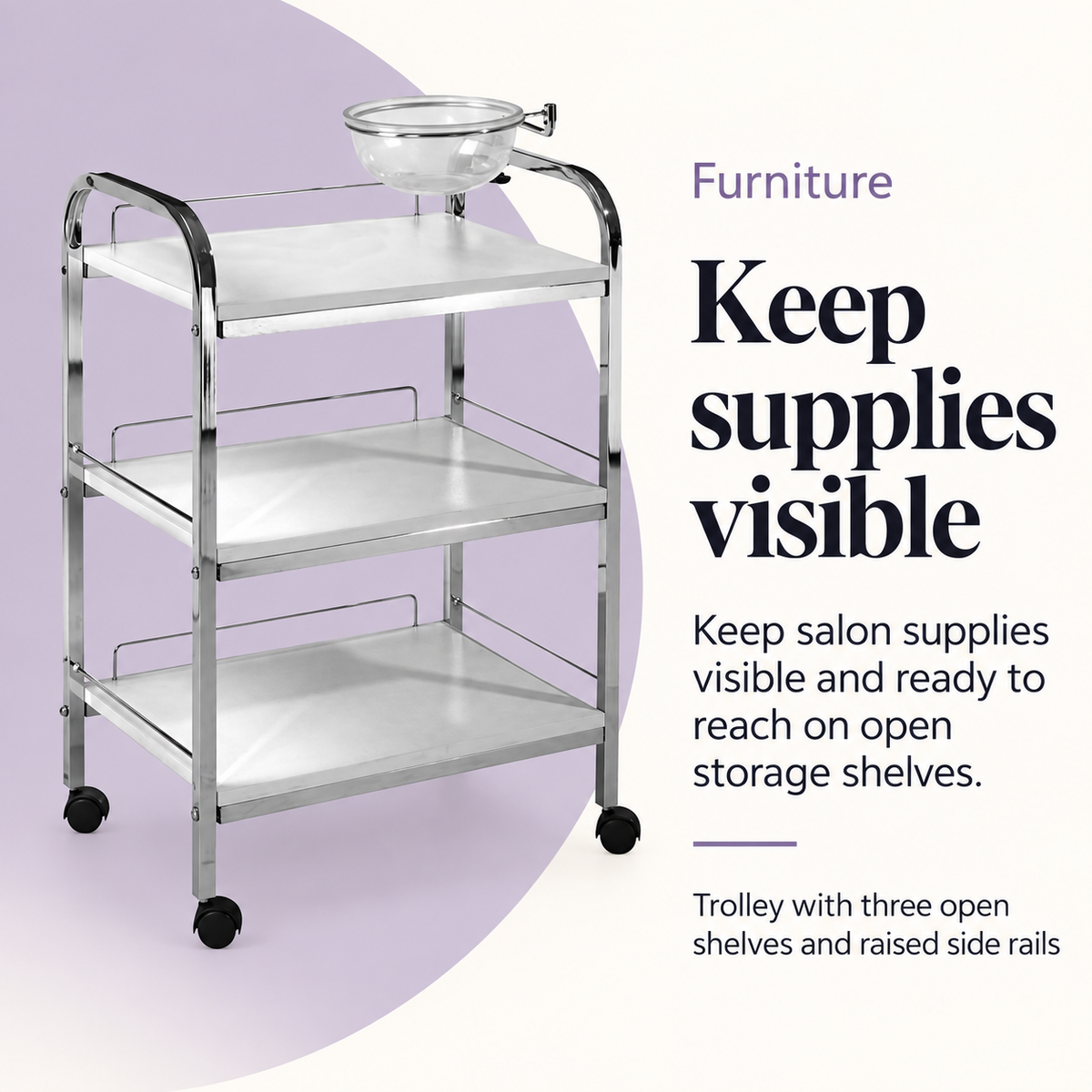 Claudia Beauty Trolley with Bowl HZ-959 — Keep supplies visible. Trolley with three open shelves and raised side rails.