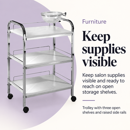 Claudia Beauty Trolley with Bowl HZ-959 — Keep supplies visible. Trolley with three open shelves and raised side rails.