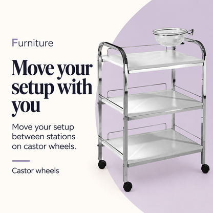 Claudia Beauty Trolley with Bowl HZ-959 — Move your setup with you. Castor wheels.