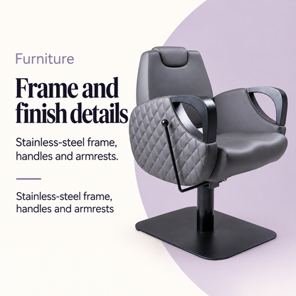 Leia Quilted Grey Salon Chair with Recline — Frame and finish details. Stainless-steel frame, handles and armrests.