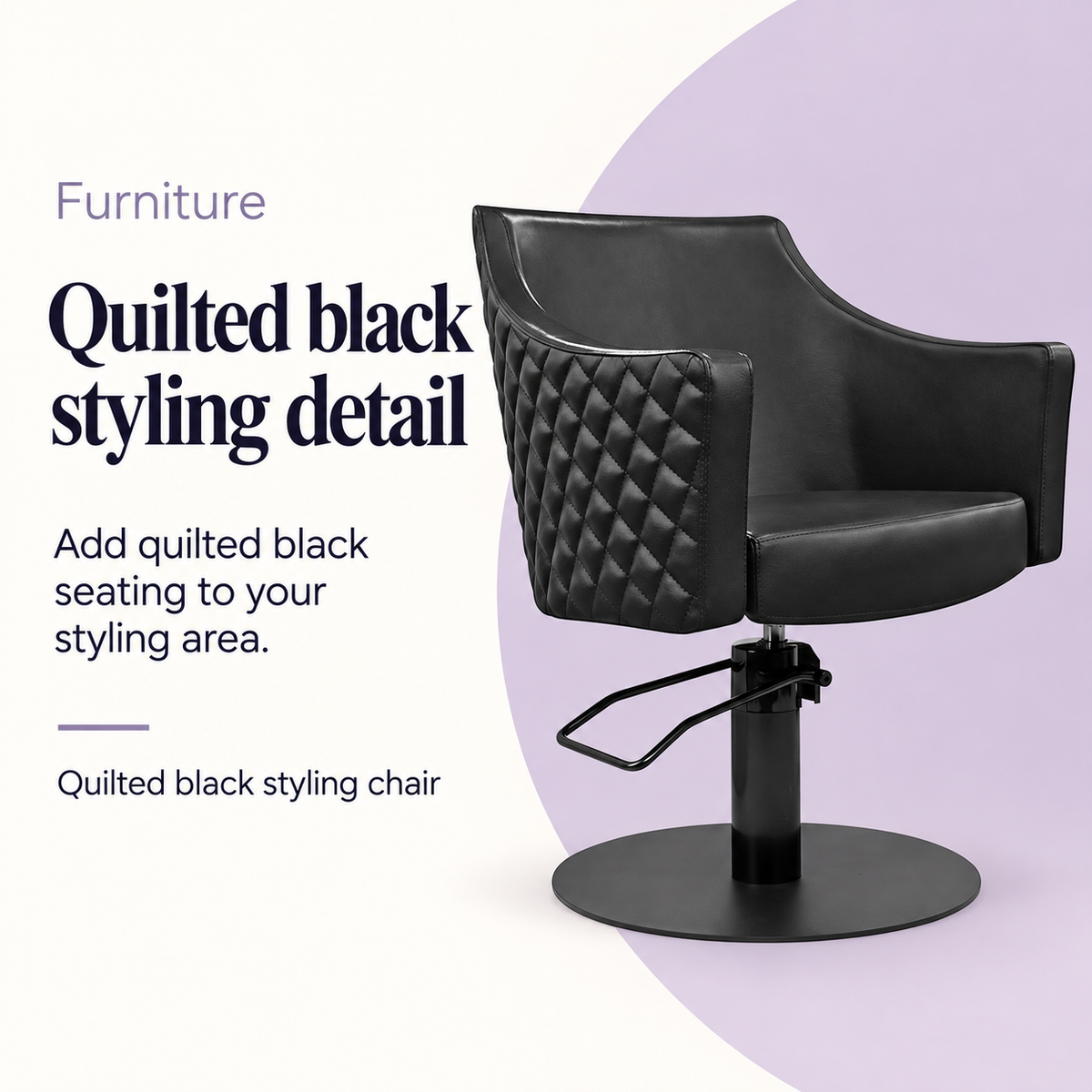 Taylor Quilted Black Salon Chair — Quilted black styling detail. Quilted black styling chair.