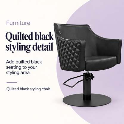 Taylor Quilted Black Salon Chair — Quilted black styling detail. Quilted black styling chair.