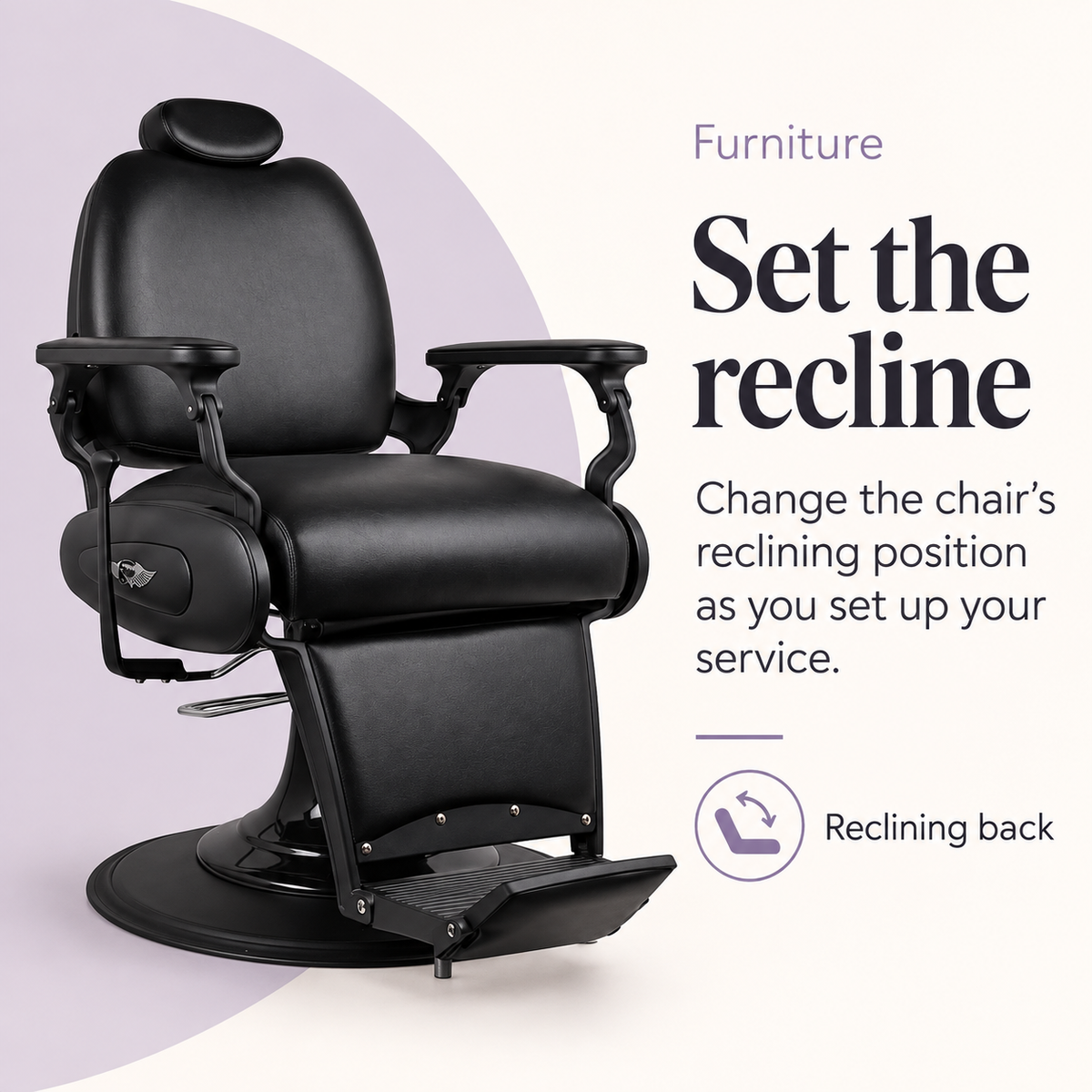 Atlanta Barber Chair Matte Black — Set the recline. Reclining back.
