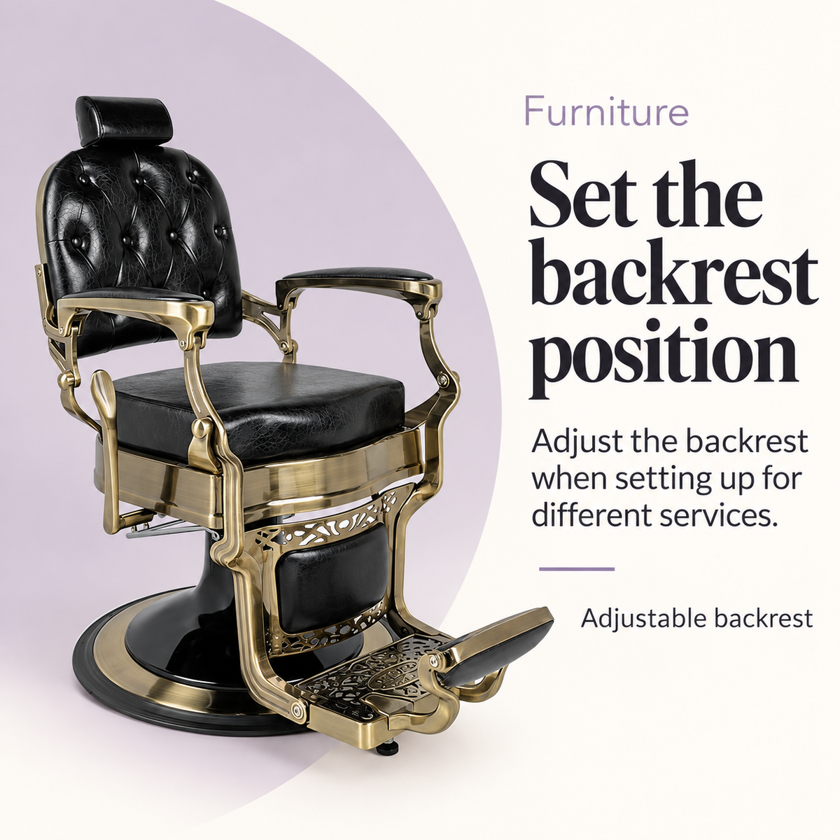 Broad Barber Chair Black Brushed Brass Frame — Set the backrest position. Adjustable backrest.