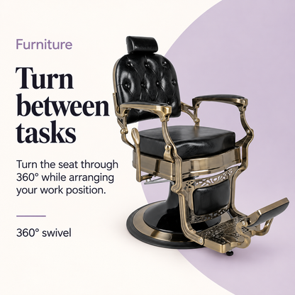 Broad Barber Chair Black Brushed Brass Frame — Turn between tasks. 360° swivel.