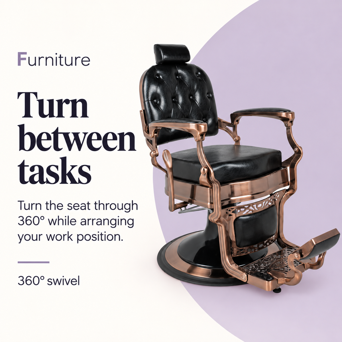 Broad Barber Chair Black Brushed Copper Frame — Turn between tasks. 360° swivel.