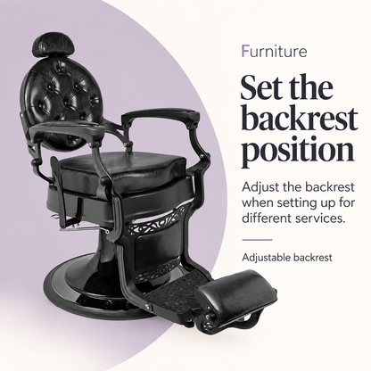 Rafah Barber Chair Black with Matte Black Frame — Set the backrest position. Adjust the backrest when setting up for different services.