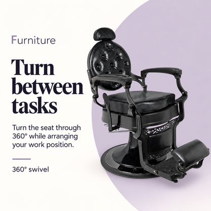 Rafah Barber Chair Black with Matte Black Frame — Turn between tasks. Turn the seat through 360° while arranging your work position.