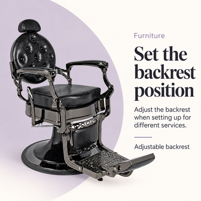 Rafah Barber Chair Black with Gunmetal Frame — Set the backrest position. Adjustable backrest.