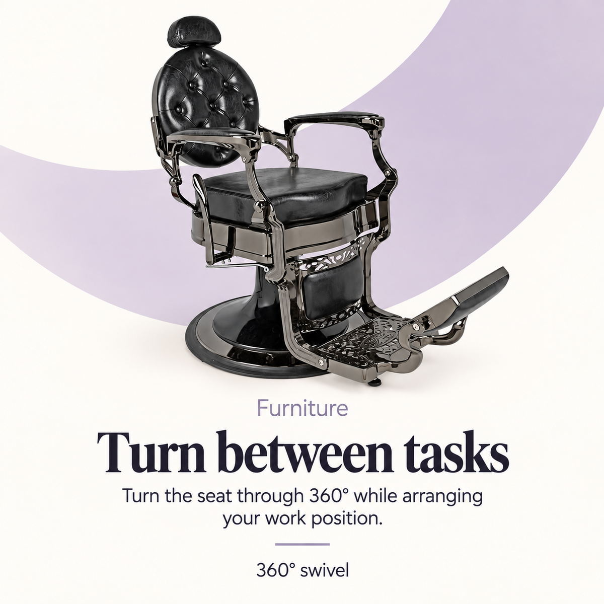 Rafah Barber Chair Black with Gunmetal Frame — Turn between tasks. 360° swivel.