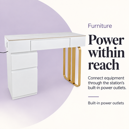 Manicure Vanity Working Desk with Drawers and Power Outlet White/Gold — Power within reach. Built-in power outlets.