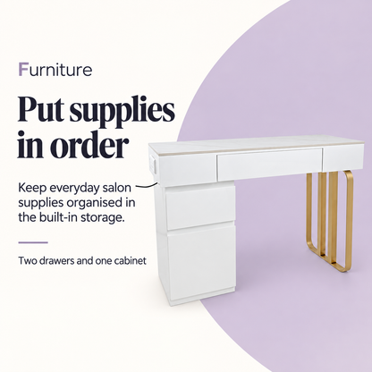 Manicure Vanity Working Desk with Drawers and Power Outlet White/Gold — Put supplies in order. Two drawers and one cabinet.