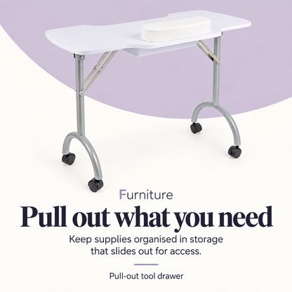 Portable Manicure Table White M110 — Pull out what you need. Keep supplies organised in storage that slides out for access.