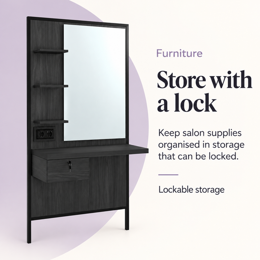 Logan Mirror Styling Station with Power Outlet Black — Store with a lock. Lockable storage.
